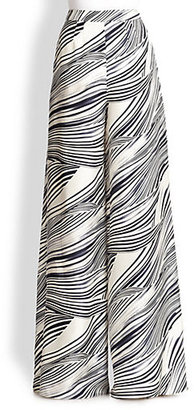 Carolina Herrera Silk Wave Print Wide-Leg Pants