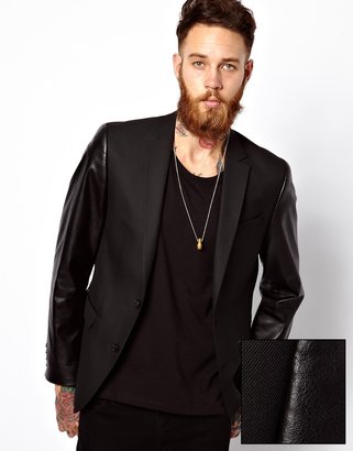 ASOS Slim Fit Blazer With Faux Leather Sleeves - Black