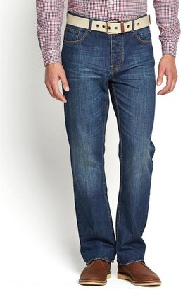 Goodsouls Mens Straight Fit Jeans with Belt - Mid Blue