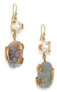 Kelly Wearstler Zinnia Grey Agate Druzy & 9MM White Pearl Drop Earrings