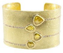 Todd Reed Wide Gold Cuff with Diamond Macles and Pink Brilliants