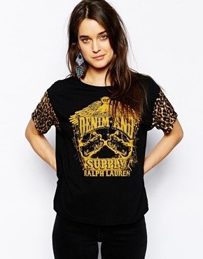 Ralph Lauren Denim & Supply by Ralph Lauren;;NOTGOOGLE;; Denim And Supply By Short Sleeve Logo Shirt With Leopard Print Sleeves