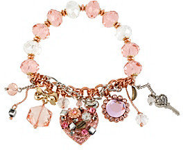 Betsey Johnson Rose Goldtone, Silvertone & Pink Vintage Heart Multi Charm Half Stretch Bracelet