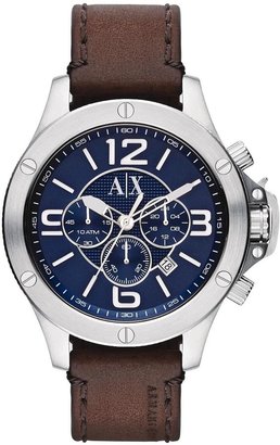 Armani Exchange Blue Dial Stainless Steel and Brown Leather Strap Mens Watch