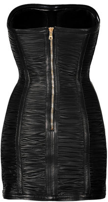 Balmain Ruched Leather Strapless Mini-Dress
