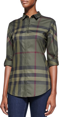 Burberry Long-Sleeve Button-Down Check Shirt, Olive
