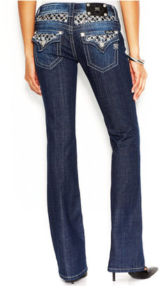 Miss Me Rhinestone Flap-Pocket Bootcut Jeans, Dark Blue Wash