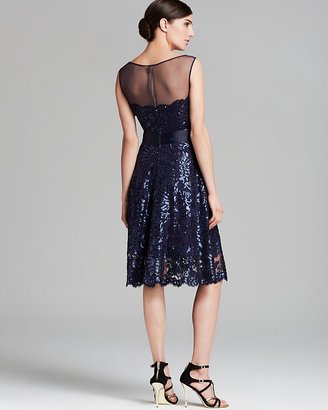 Tadashi Shoji Dress - Sleeveless Illusion Neckline Sequin Lace Belted