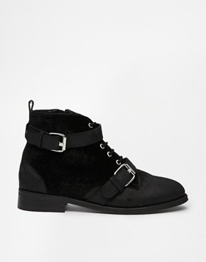 Park Lane Leather Ankle Boots with Velvet Strap - Black