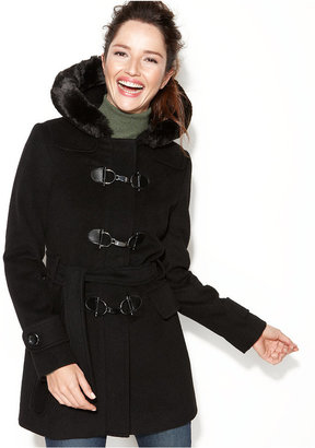 Jones New York Hooded Faux-Fur-Trim Belted Clip-Front Coat