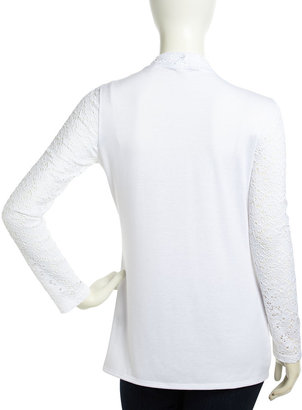 Neiman Marcus Embroidered Lace Front Cardigan, White