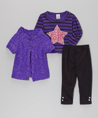 Purple & Black Short-Sleeve Sweater Set - Infant, Toddler & Girls