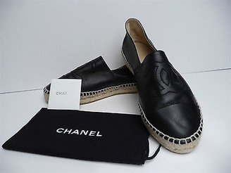 Chanel NIB 14S black platform leather espadrilles CC shoes flats