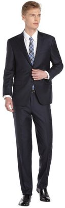 Hickey Freeman navy solid blue 2-button wool suit with flat front pants