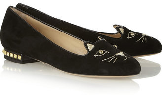 Charlotte Olympia Kitty Studs embroidered suede slippers