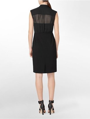 Calvin Klein Womens Sheer Accent + Pleated Sleeveless Shift Dress