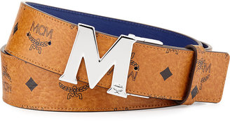 MCM Reversible M-Buckle Monogram Belt, Cognac/Blue