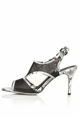 Topshop Mesh sandals with snake effect detailing. heel height approximately 3". 100% polyurethane. specialist clean only.