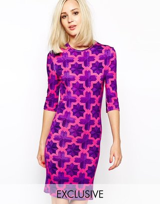 House of Holland Exclusive Short Sleeve Bodycon Dress in Parquet Purple - Purple