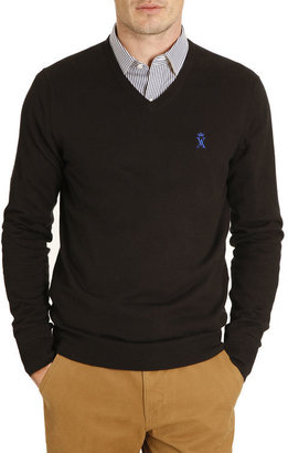 VICOMTE A - V Neck Cotton Cashmere Elbow Patches Contrasting Black Blue Sweater