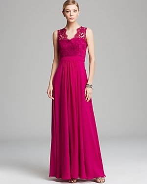JS Collections Gown - Sleeveless Draped V Neck Chiffon with Lace Bodice