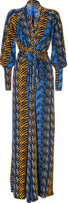 Issa Denim Blue/Honey Zebra Print Silk Maxi Dress