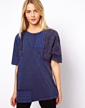 ASOS T-Shirt with Patchwork in Overdye - blue
