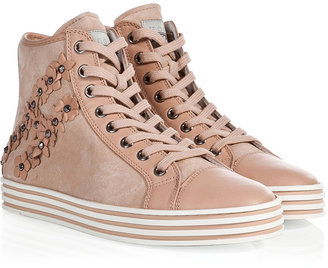 Hogan Suede High-Top Sneakers with Floral Applique