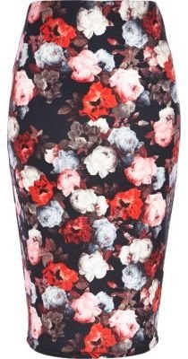 River Island Black floral print pencil skirt