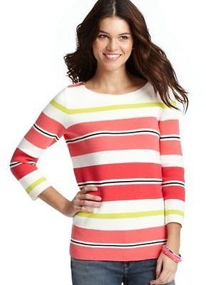 LOFT NWT Pink Sporty-Chic Stripe Zip Shldr 3/4 Slv Cotton Sweater $59