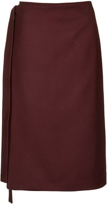 Topshop Boutique. made in britain. 85% wool, 15% cashmere. dry clean only. Rich melton wool and cashmere blend wrap skirt with tie-side detail and full lining.