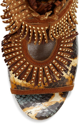Aquazzura Snakeskin Fringe Cutout Sandal, Honey/Berry