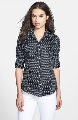 Foxcroft Dot Print Roll Sleeve Fitted Shirt (Petite)