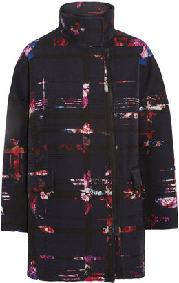 MSGM Floral-print plaid wool-blend coat