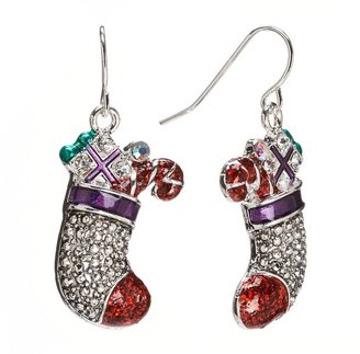 Silver tone simulated crystal stocking drop earrings
