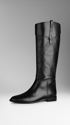 Burberry Embossed Check Panel Leather Riding Boots