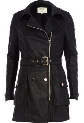 River Island Black leather-look biker trench coat
