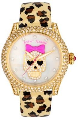 Betsey Johnson Ladies stone set skull dial leopard print patent leather strap watch