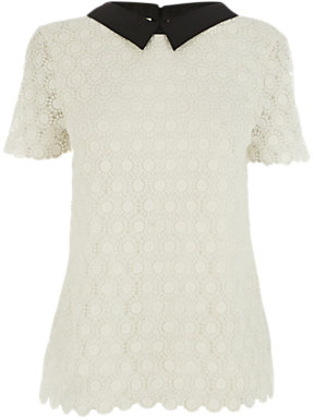 Oasis Collared Crochet Lace Tee, Off White