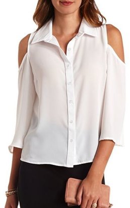 Charlotte Russe Bell Sleeve Cold Shoulder Button-Up Chiffon Top