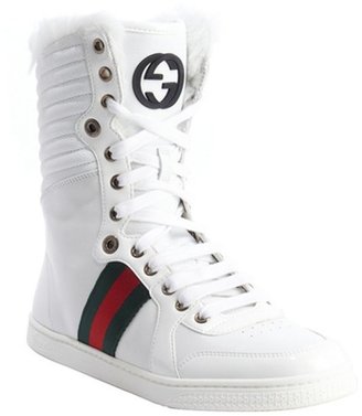 Gucci white leather logo striped rabbit fur trimmed hi-top sneakers