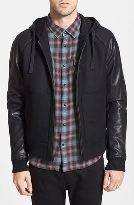 Rogue Wool Blend Bomber Jacket with Faux Leather Sleeves & Hood