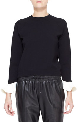 Valentino Long-Sleeve Contrast-Flutter-Cuff Top, Black/Ivory