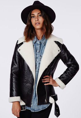 Missguided Coco Faux Leather Shearling Jacket Black
