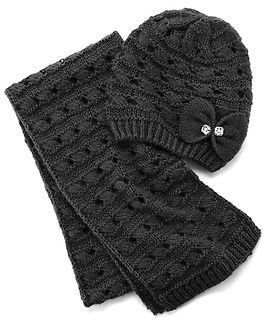 Apt. 9 Black Knit Winter Hat & Scarf 2 Piece Set - Bow & Rhinestones