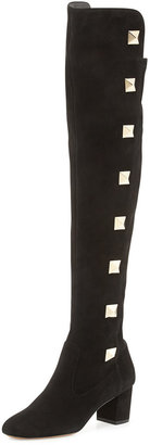 Valentino Rockstud Suede Over-the-Knee Boot, Black