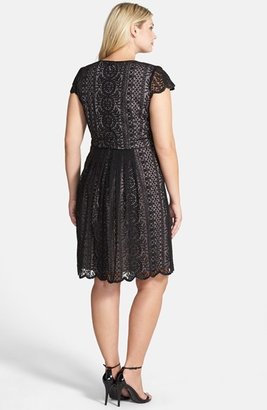 Adrianna Papell Pleat Filigree Lace Fit & Flare Dress (Plus Size)