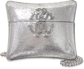 Roberto Cavalli Silver Laminated Leather Minaudiere Pillow Clutch w/Chain Strap
