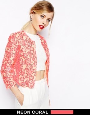 ASOS Blazer with Scallop Hem in Floral Jacquard - Coral