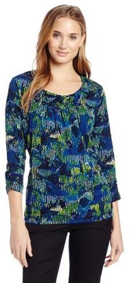 Sag Harbor Women's 3/4 Sleeve Print Knit Top with Stitch Detail At Neck